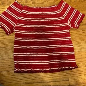 ribbed striped red shoulderless crop top